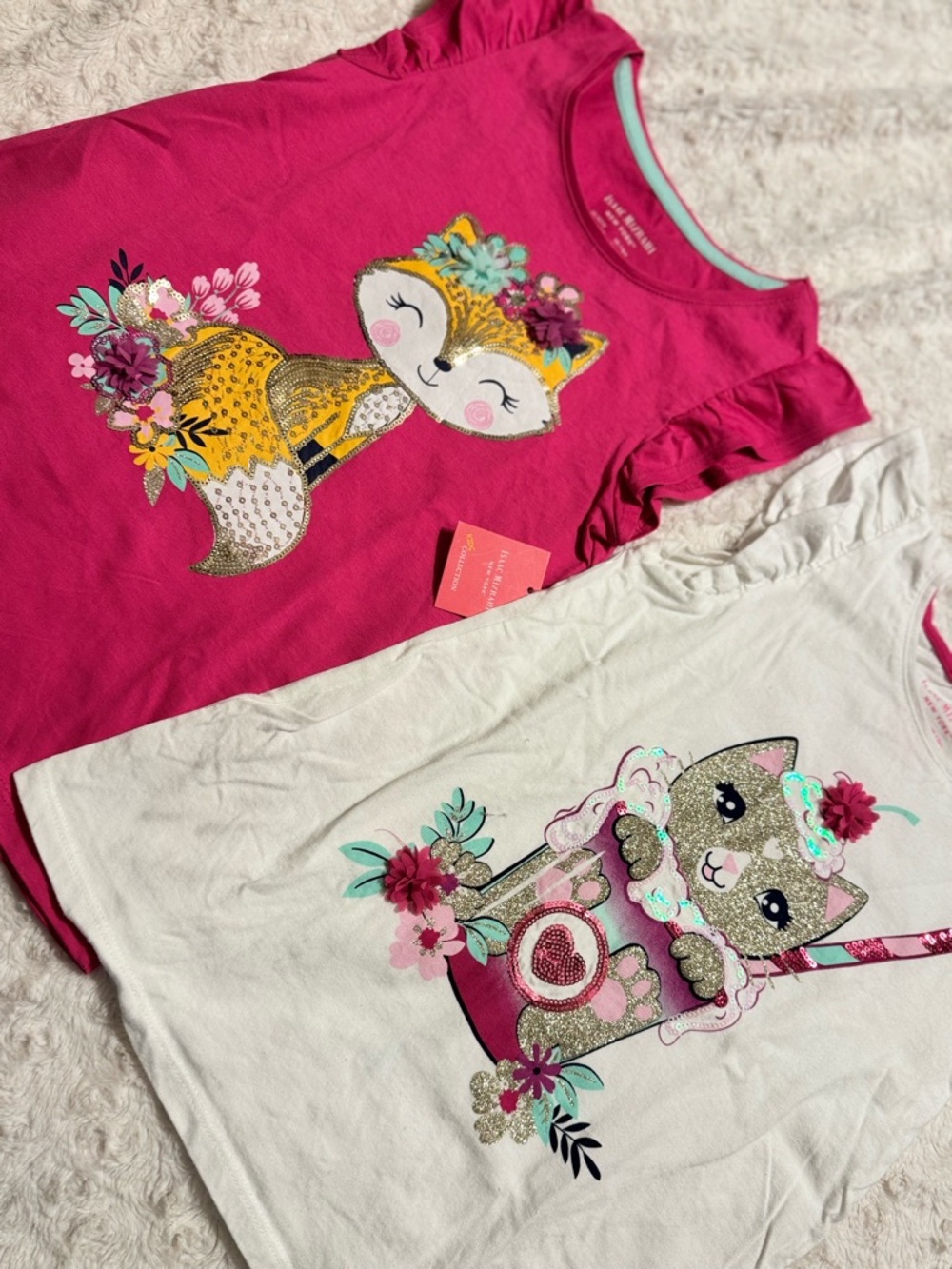 Girls Floral Fox & Kitten Graphic Tee Set - Pink & White girls size 7/8